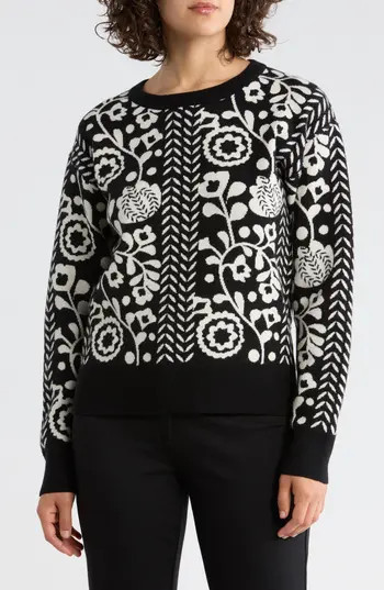ELIE ELIE TAHARI Floral Jacquard Sweater in Black/Dune White at Nordstrom Rack, Size X-Small | Nordstrom Rack