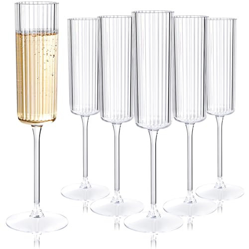 Ciaell 24 Pack Plastic Champagne Flutes - 6oz Ribbed Disposable Champagne Glasses - Clear Vintage Mimosa Glasses with Long Stem, Elegant & Lightweight for Weddings, Birthdays, Parties | Amazon (US)