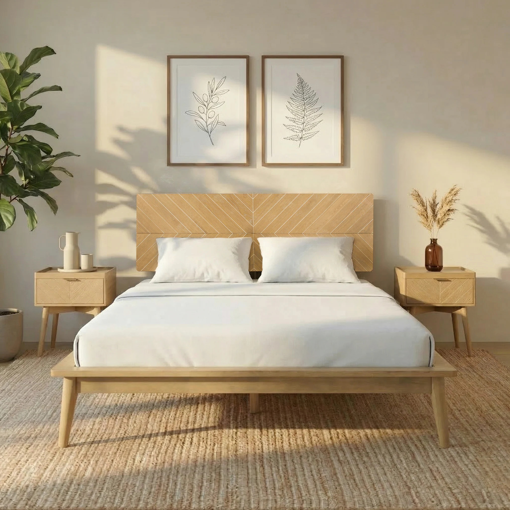 Allforwood Loki Solid Wood Bed Frame Full Premium Platform Bed with Chevron Headboard Design and Wood Slat Support Light Oak one_size | 902201 | Lowe's