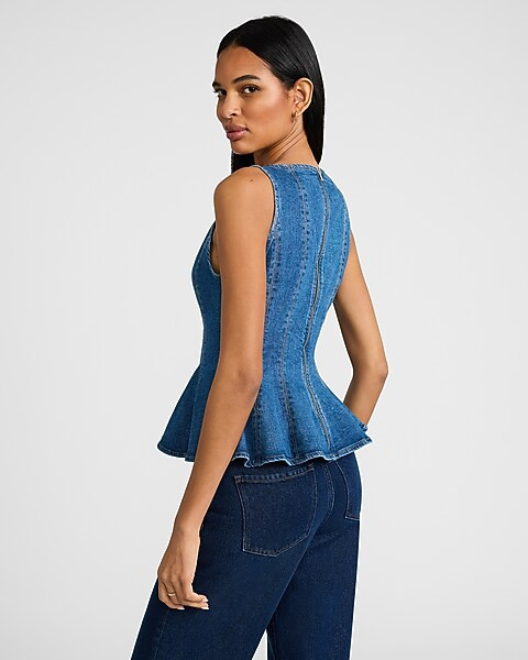 Medium Wash Denim Crew Neck Seamed Peplum Top | Express