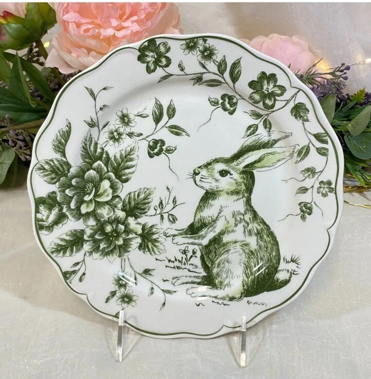 Maxcera Green Toile Easter Bunny Rabbit Scalloped Cabbage Rose Set Of 2 Plates  | eBay | eBay US