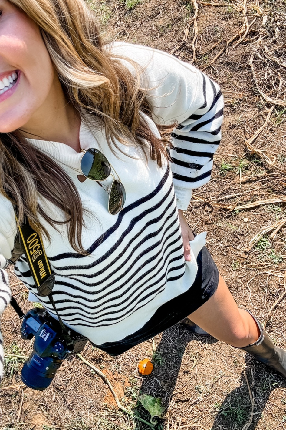 Mom outfits for fall. Size 8 fall fashion. Wearing a size medium striped sweater, black denim skort. Hunter boots fit tts. 