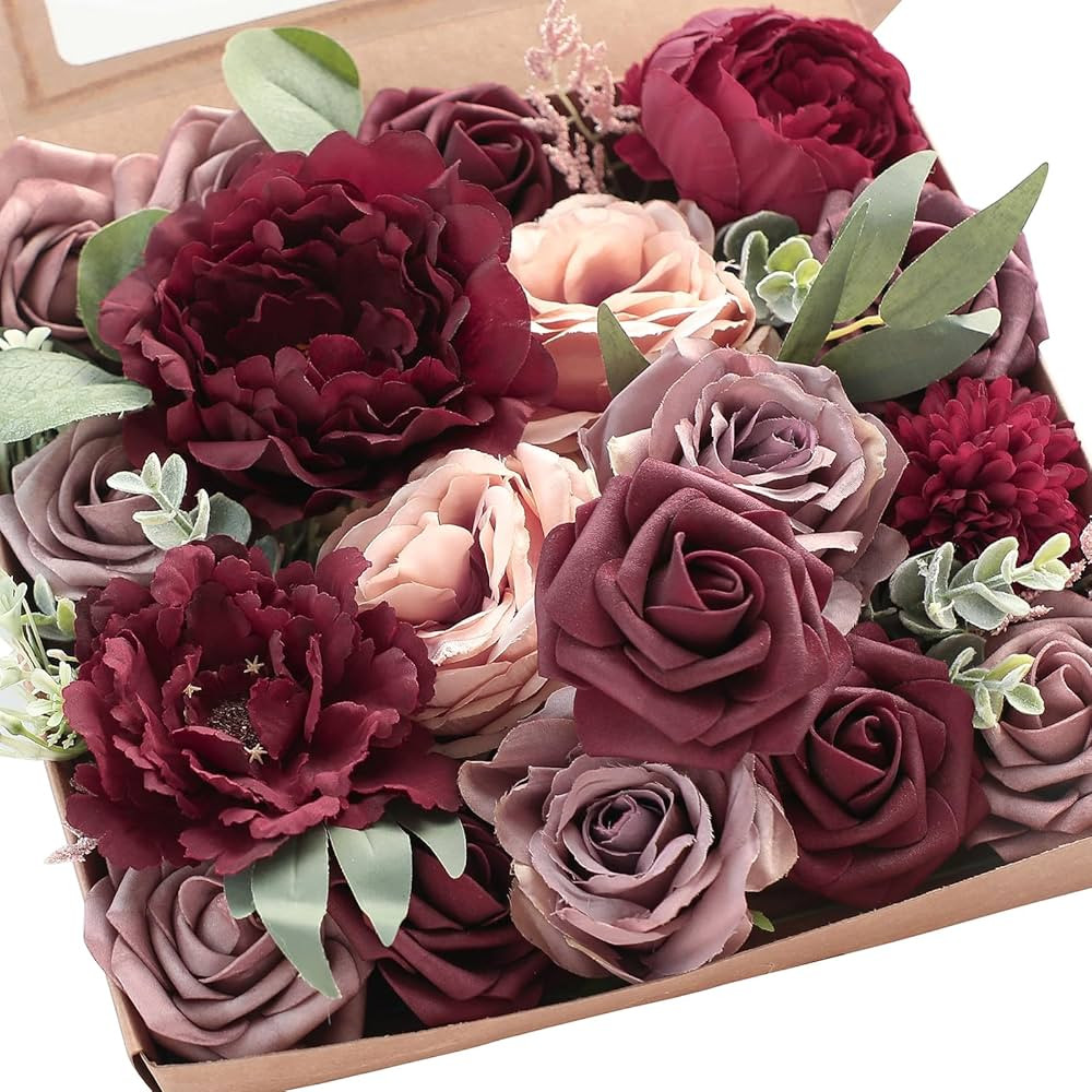 Floroom Burgundy Mauve Artificial Flowers Marsala Fake Roses Peonies and Greenery Combo Box Set f... | Amazon (US)