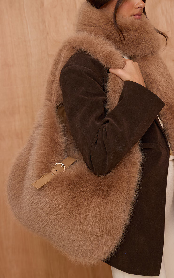 Camel Faux Fur Belted Shoulder Bag | PrettyLittleThing UK