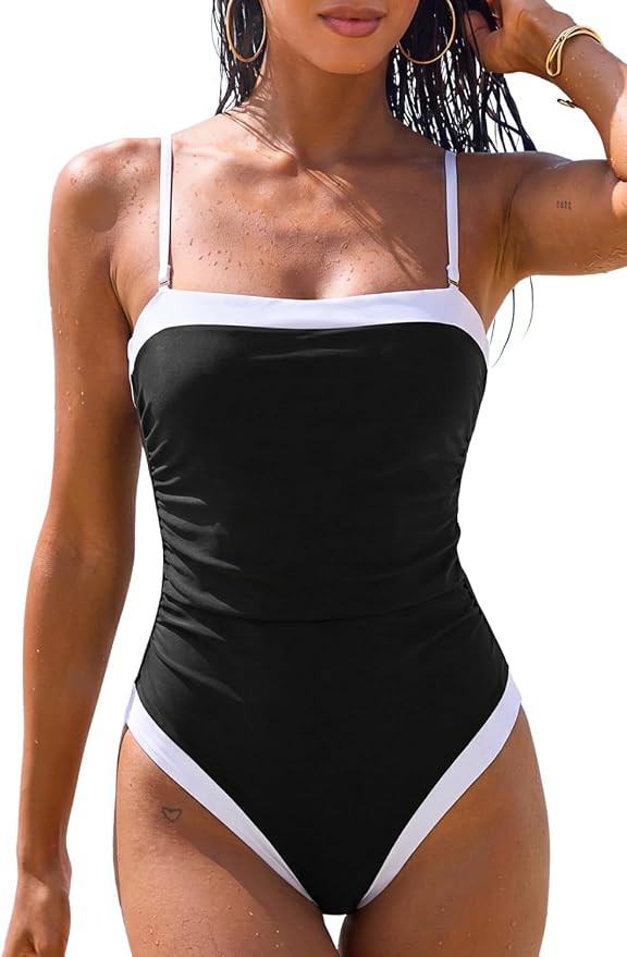 QINSEN Women's One Piece Swimsuit Color Block Tummy Control Bathing Suit Vintage Square Neck Spag... | Amazon (US)