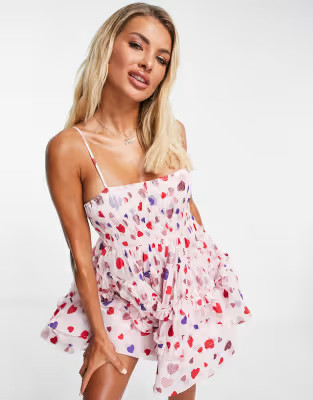 Lace & Beads exclusive tulle bodysuit mini dress in glitter rainbow heart | ASOS (Global)