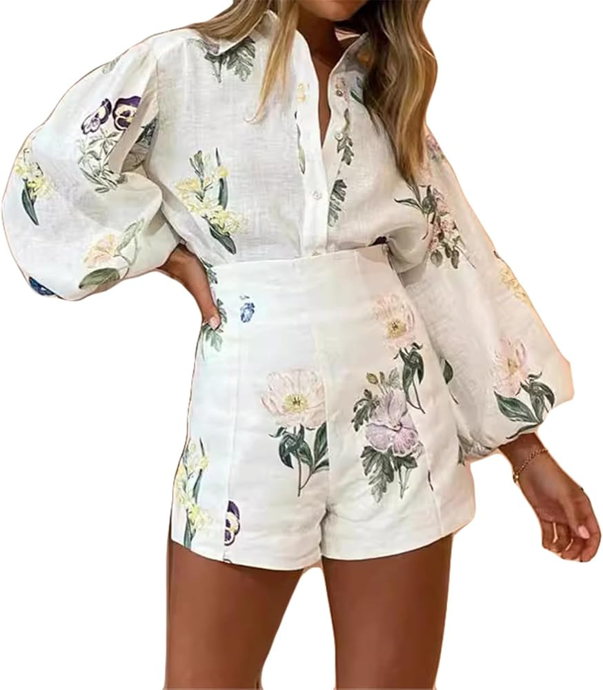 Qikaka Women's 2 PCS Flowers Printed Blouse Shirts Tops Bodycon Shorts Sexy Nightclub Party Track... | Amazon (US)