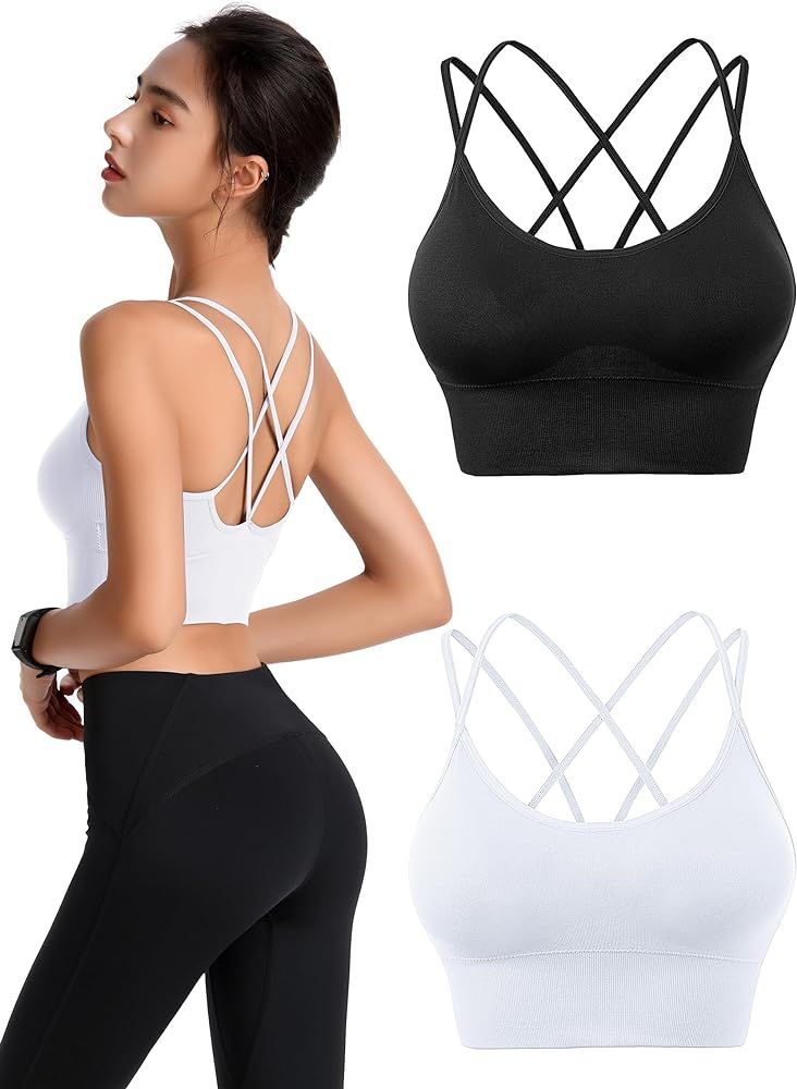Padded Sports Bras for Women Strappy Cross Back Yoga Bras Pack for Workout Fitness Running Gym Lo... | Amazon (US)