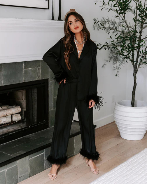 Marilynn Satin Feather Trim Pocketed Pants - Black | VICI
