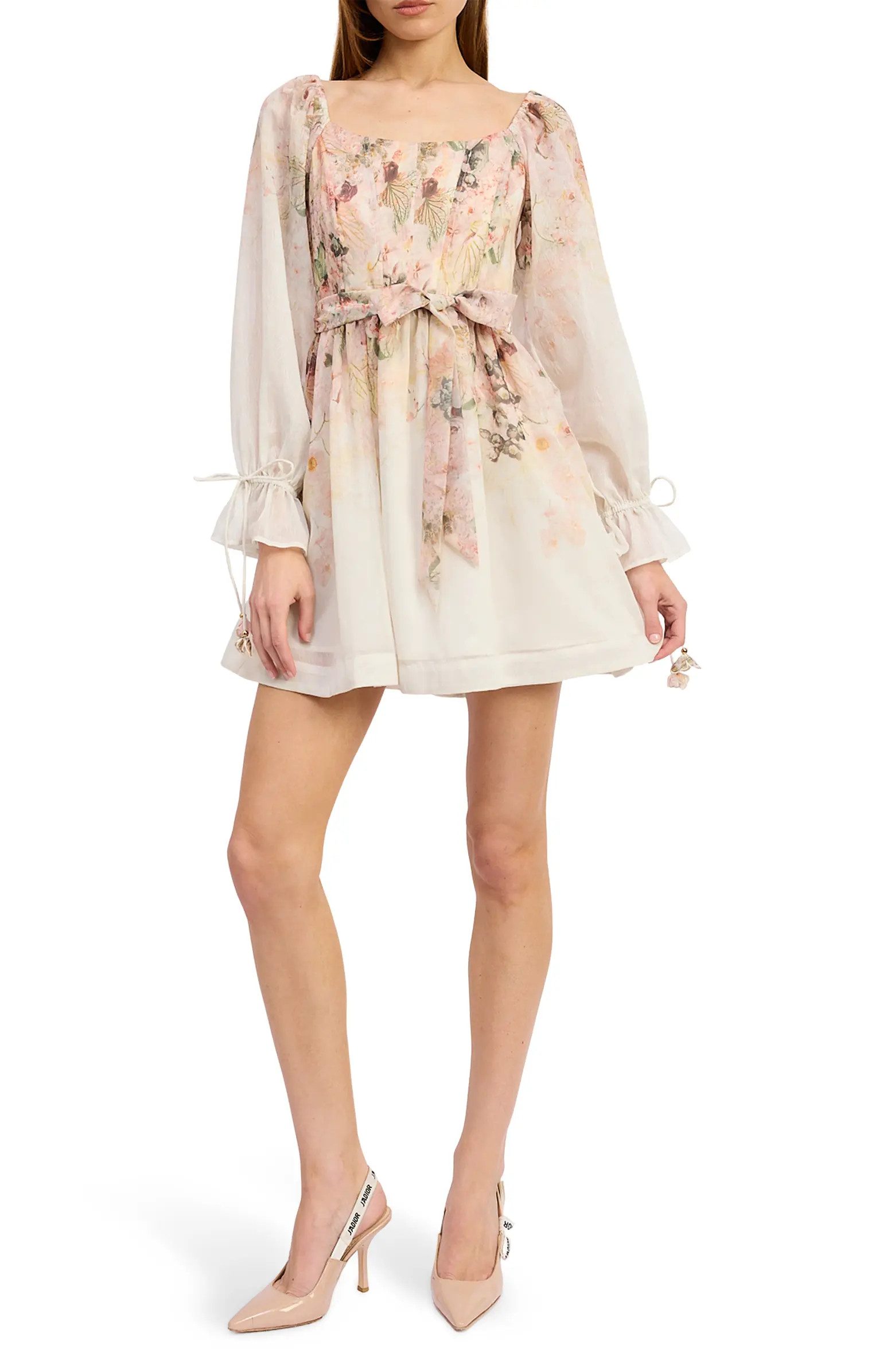 Floral Print Tie Waist Long Sleeve Chiffon Minidress | Nordstrom