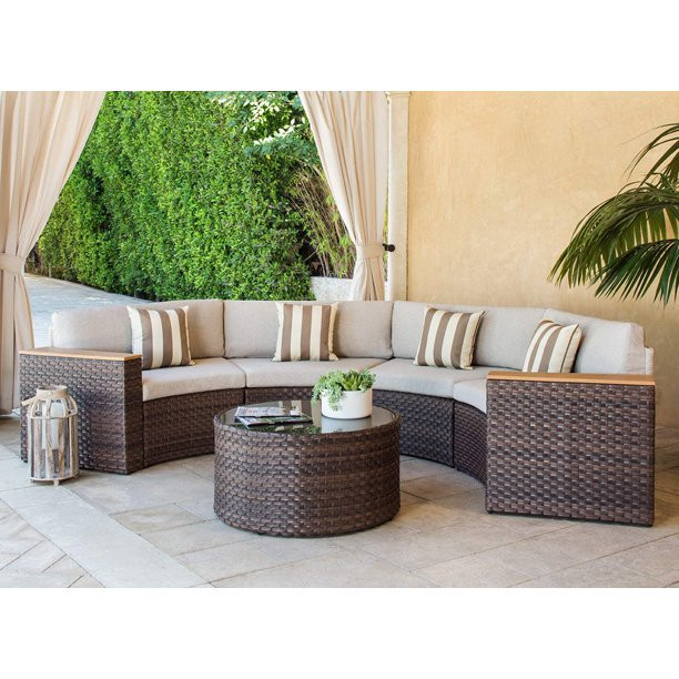 SOLAURA 5-Piece Patio Furniture Half-Moon Sectional Set, Brown Wicker Curved Outdoor Sofa with Be... | Walmart (US)