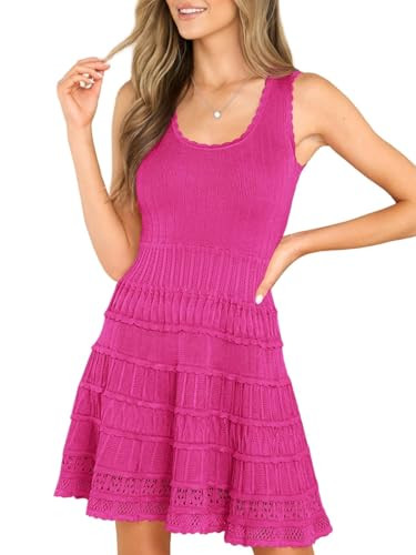 Fisoew Womens Summer Mini Dresses Casual Crewneck Knitted Crochet Hem Flowy Tank Sundress | Amazon (US)