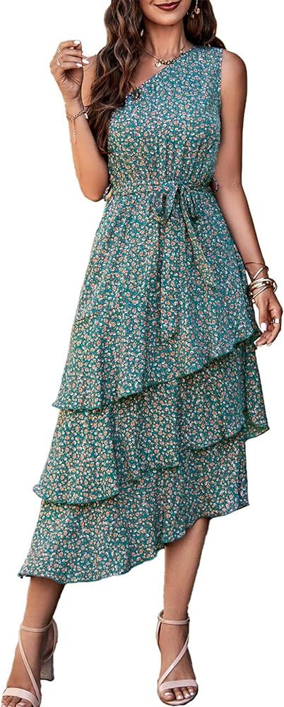 PRETTYGARDEN Women's Summer Floral Sundress Casual One Shoulder Tiered Ruffle Flowy Midi Beach Bo... | Amazon (US)