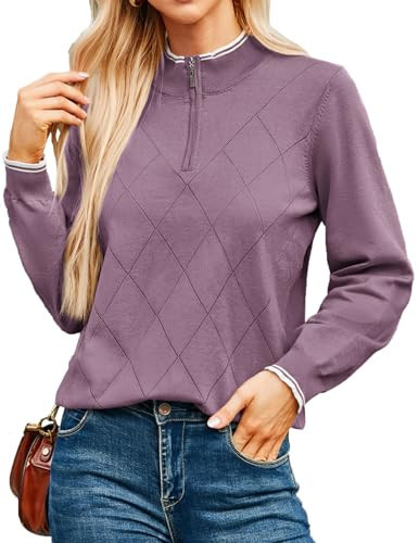 JACK SMITH Womens Argyle Sweaters Pullover Polo Quarter Zip Collar Long Sleeve Knit Ribbed Fall Golf Tops Lilac M | Amazon (US)