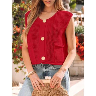 Women's Chunky Knit Sweater Vest with Metal Buttons, Casual Open Front Cardigan Red M | Target