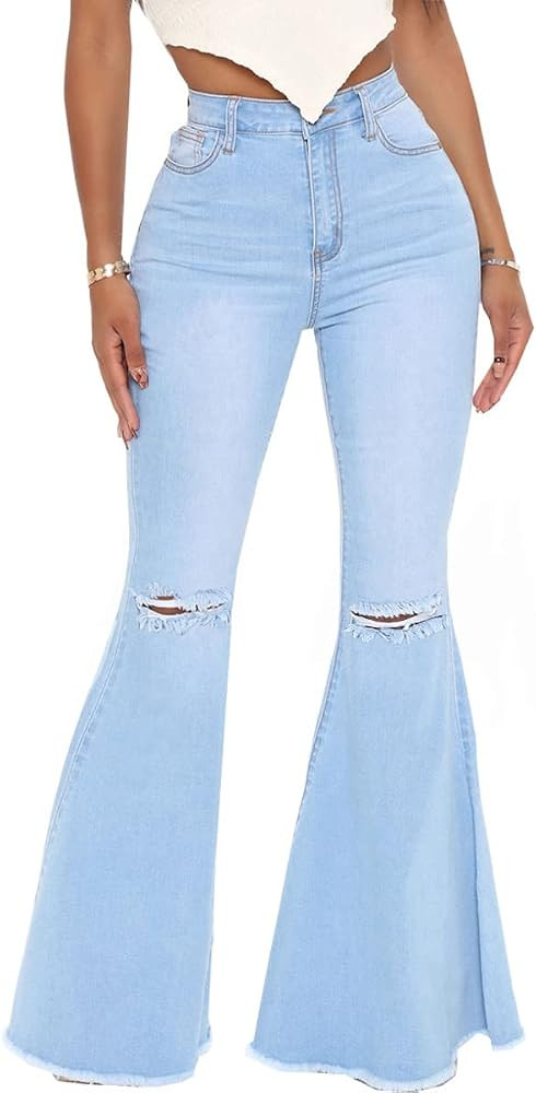 Bell Bottom Jeans for Women Ripped High Waisted Classic Flared Denim Pants | Amazon (US)