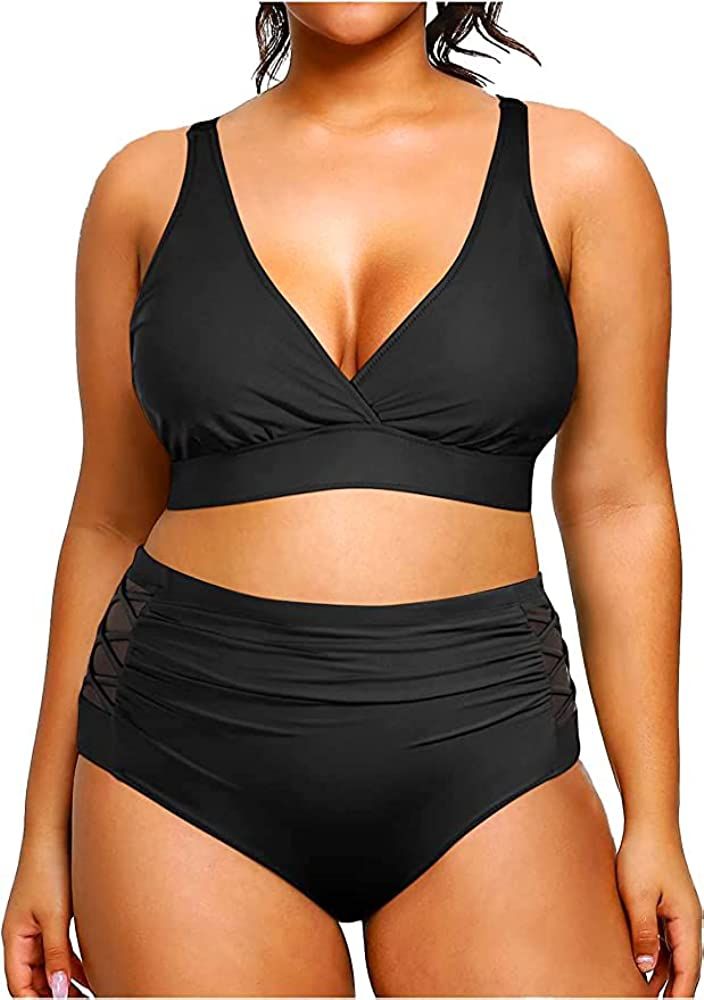 Yonique Womens Plus Size Bikini High Waisted Swimsuits Two Piece Bathing Suits Tummy Control Swim... | Amazon (US)