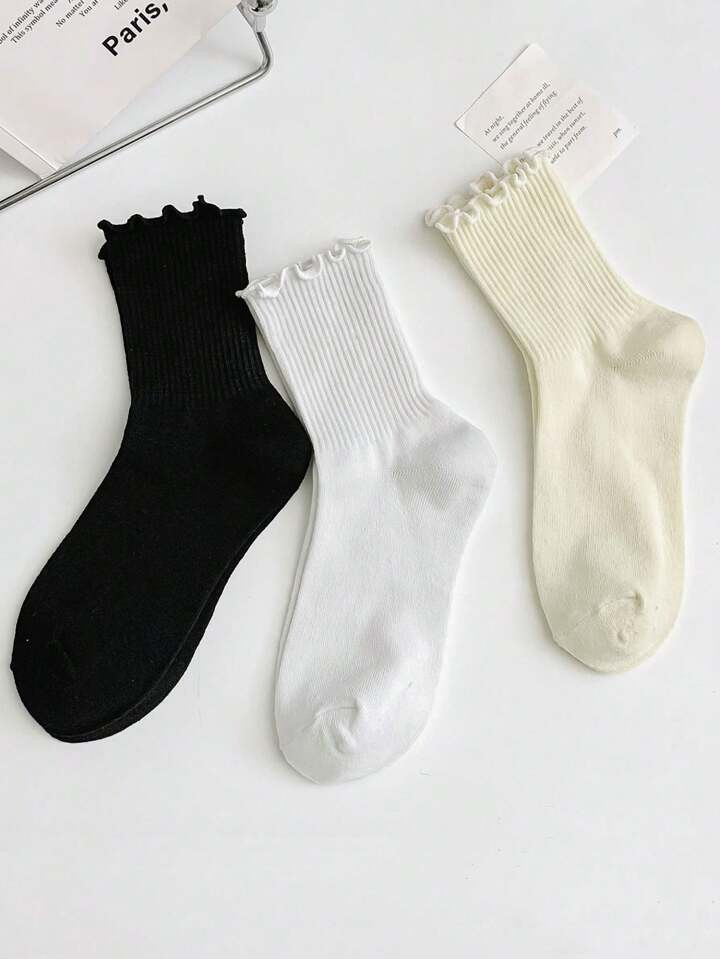 3pairs Black/White/Beige Fashionable Lace Edge Over-The-Knee Socks | SHEIN