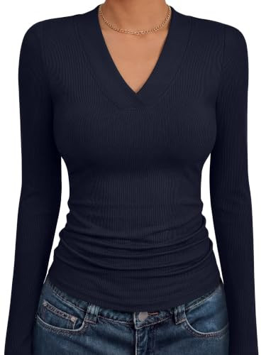 ANRABESS Womens Long Sleeve V Neck Ribbed Knit Fitted Tops,Navy Blue,M | Amazon (US)