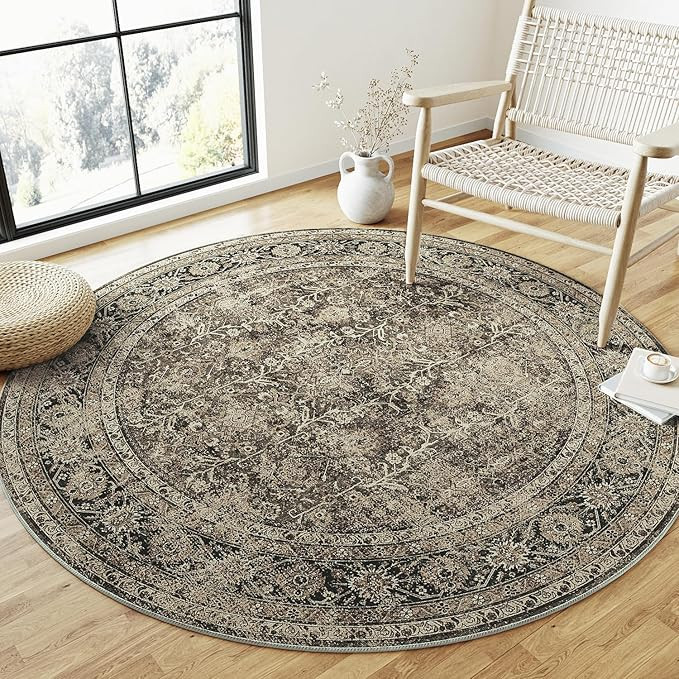 Brown Round Area Rug 8ft Washable 8x8 Circle Vintage Low Pile Indoor Large Kitchen Living Room Ca... | Amazon (US)