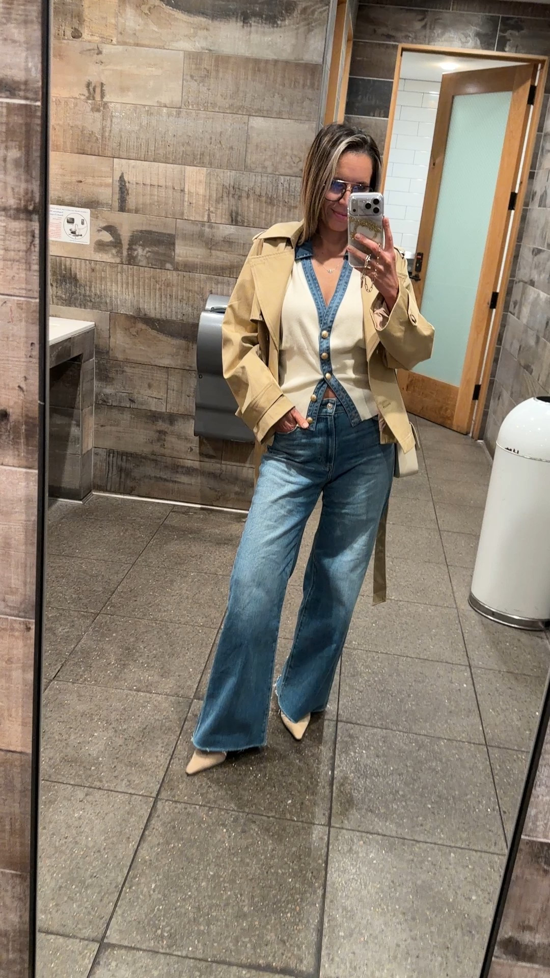 Wide leg jeans sz 27 - the beat fit!
I’m 5’5” 122 lbs 

Trench coat sz S
Knit white top with denim
Trimming sz S



#LTKFindsUnder50 #LTKWorkwear #LTKSeasonal