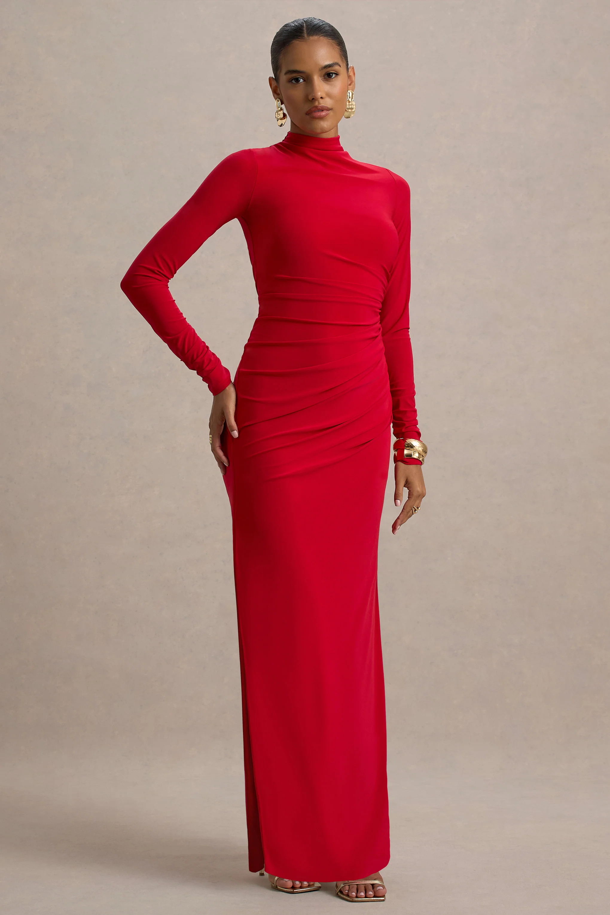 Alluring | Red High Neck Maxi Dress With Ruched Detailing | Club L London