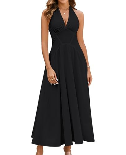 GLNEGE Women's Summer V-Neck Long Dress Casual Halter Wedding Guest Dresses Boho Flowy Smocked Sundress 2025 Black | Amazon (US)