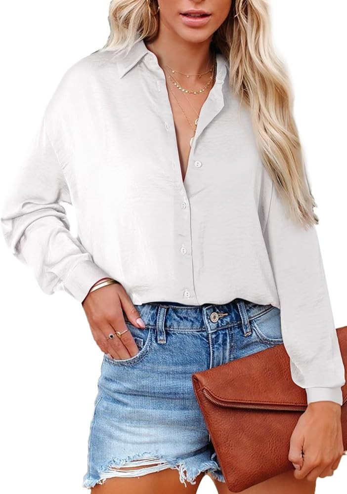 Astylish Women Button-Down Shirts V-Neck Elegant Blouse Long Sleeve Basic Top | Amazon (US)