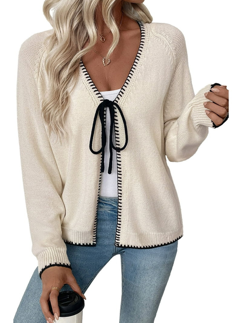 SHEWIN Womens Cardigan Sweaters Fashion V Neck Open Front Bow Tie Knit Chunky Long Sleeve Sweater... | Walmart (US)
