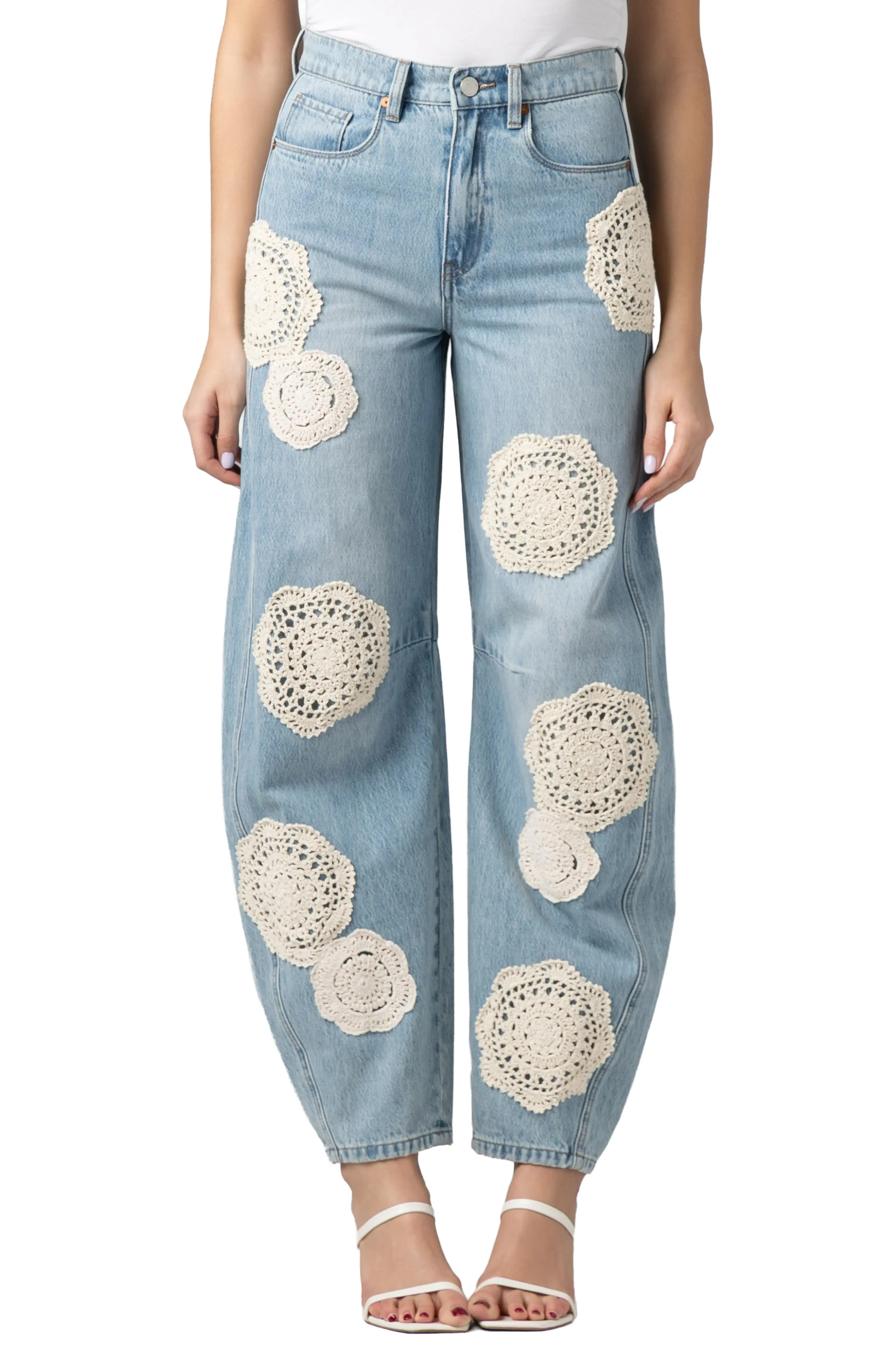 BLANKNYC The Long Crochet Patch Barrel Leg Jeans in Surf Camp at Nordstrom, Size 24 | Nordstrom