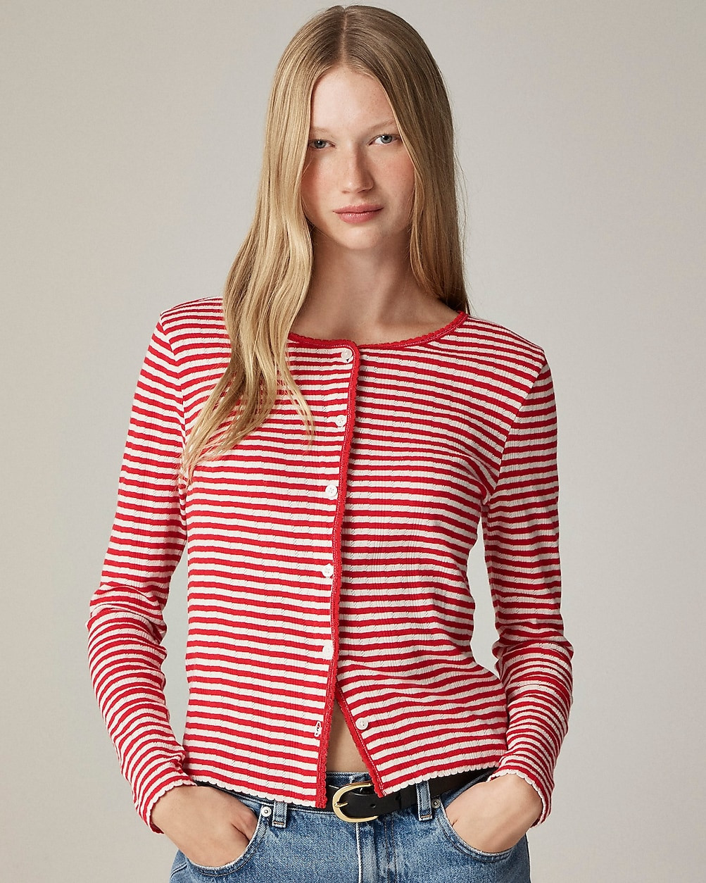 Pointelle crewneck knit cardigan in stripe | J. Crew US