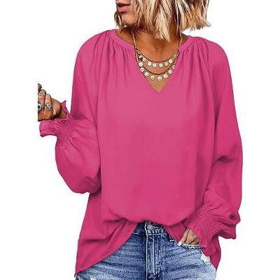 Zeagoo Casual Tops for Women  Puff Long Sleeve Pleated V Neck Tunic Loose Fit Ladies Work Blouse-Rose Red-S | Target