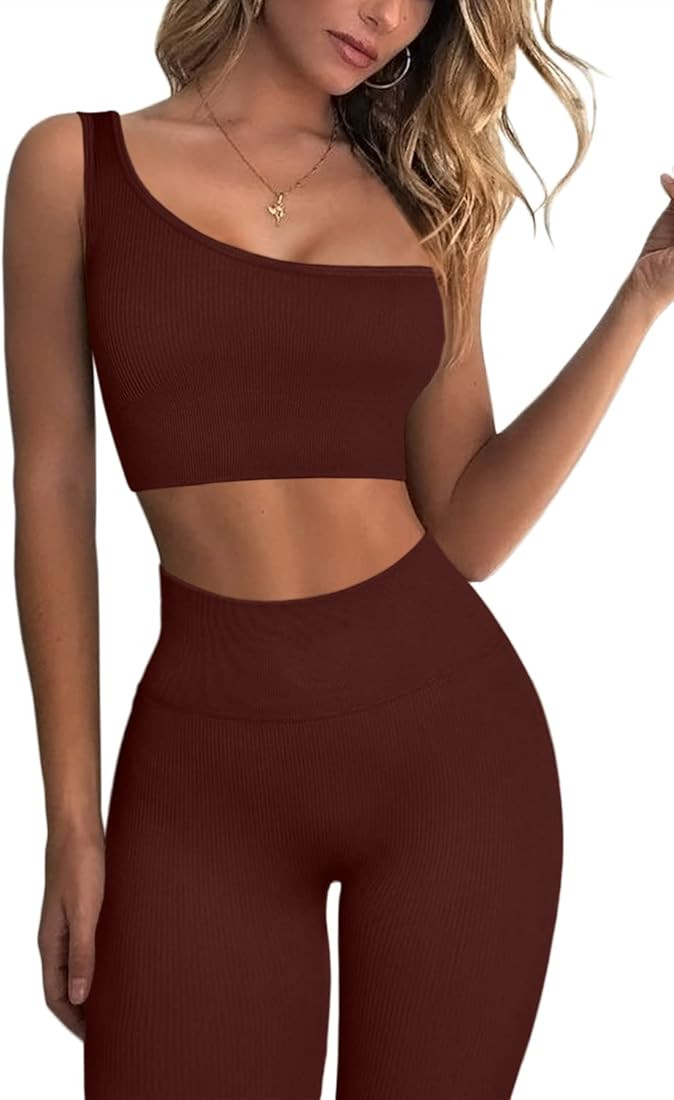 QINSEN 2 Pieces Workout Sets for Women One Shoulder Ribbed Sport Bra Seamless High Waist Leggings... | Amazon (US)