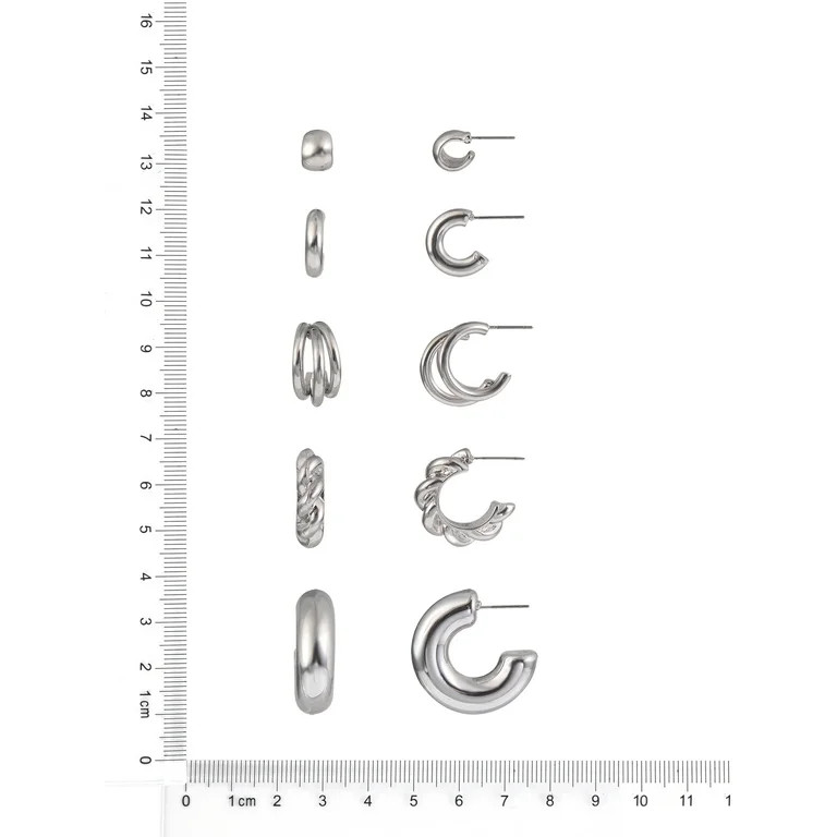 Time and Tru Adult Female Silver-Tone 5 Pair Twisted Triple Hoop Stacker Earring Set - Walmart.co... | Walmart (US)