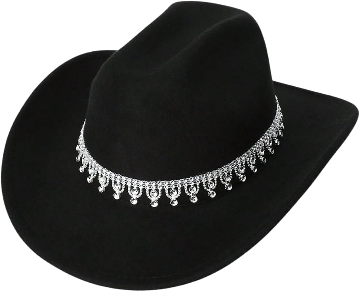 Verdusa Women's Western Boho Cowboy Hat Rhinestone Sequin Wide Brim Cowgirl Hat | Amazon (US)