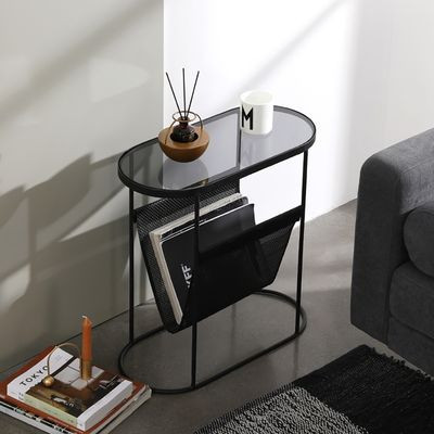 Modern Side Table Black End Table Metal Accent Oval Table Magazine Holder Sofa Table-Homary | Homary