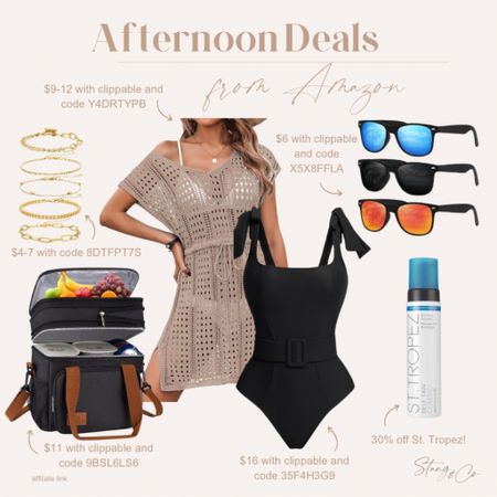 Everything you need for a beach day is on sale today! Today’s deals include a belted one piece bathing suit with a crochet cover up, a stack of gold bracelets, three pack of sunglasses, a cooler, and St. Tropez self tanner. Be sure to clip all the coupons and use the codes on the image to get the full savings. 

Summer outfit, resort wear, beach essentials 

#LTKfindsunder50 #LTKsalealert #LTKswim