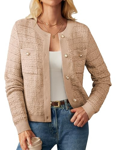 GRACE KARIN Fall Winter Open Front Cardigan Sweaters for Women Crew Neck Knitted Sweaters with Pockets Apricot | Amazon (US)