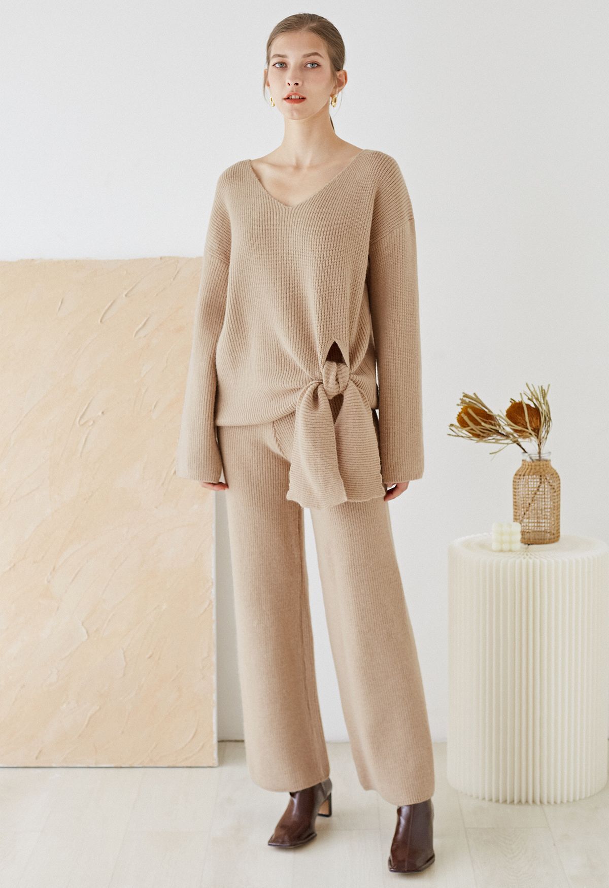 Side Knot Sweater and Straight Leg Pants Knit Set in Light Tan | Chicwish