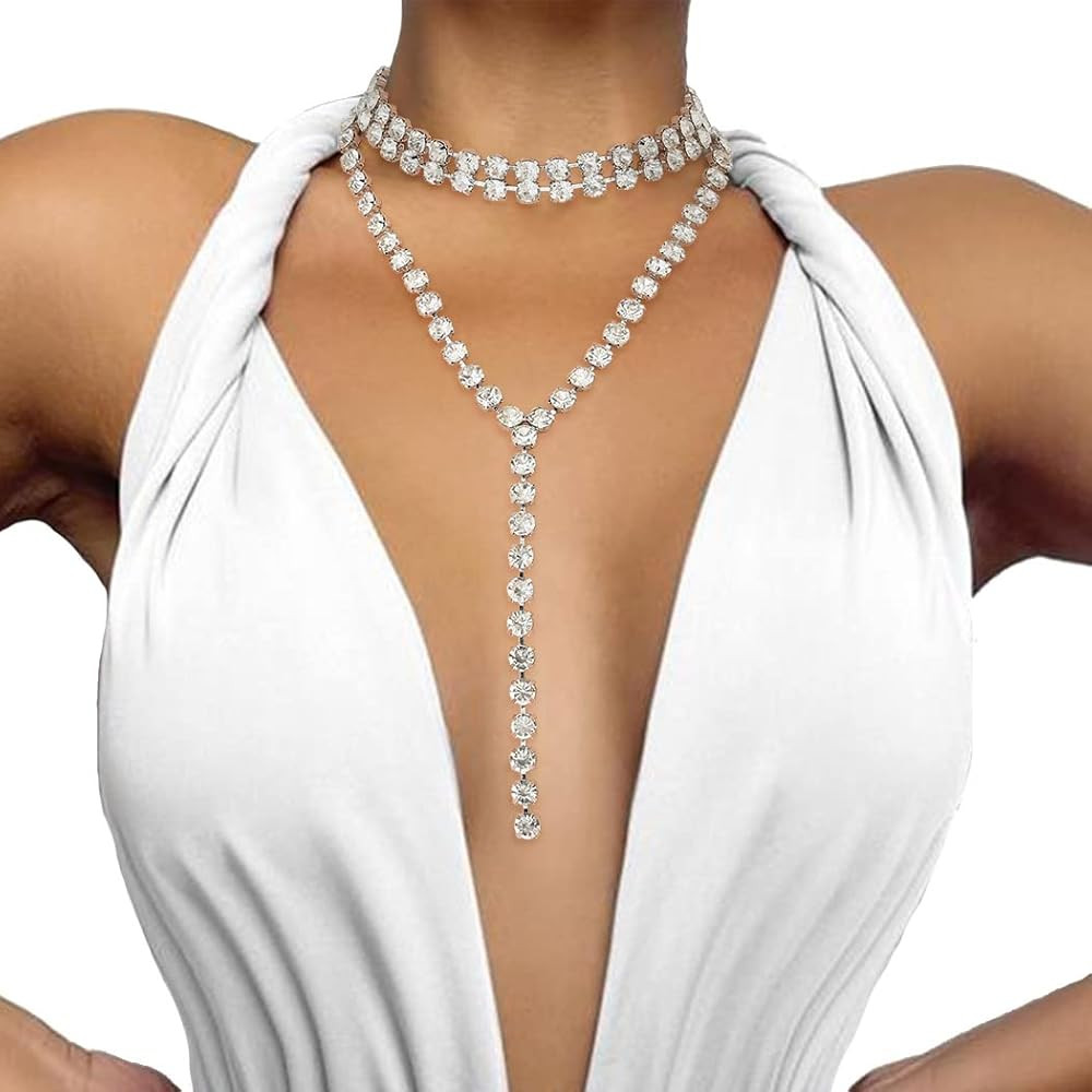 ELABEST Long Rhinestone Necklace Layered Y Necklaces Crystal Choker Necklace Dainty Wedding Brida... | Amazon (US)