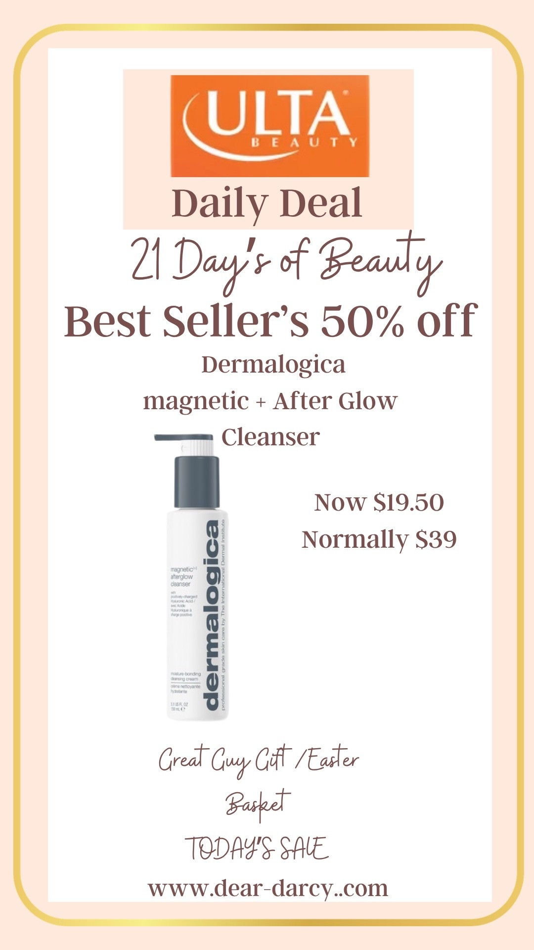 50% off Beauty 

Ulta’s 21 days of beauty, daily deals! 
My today’s pick is Demalogica magnetic + Afterglow cleanser

Now $19.50 
Normally $39

#LTKOver40 #LTKSaleAlert #LTKBeauty
