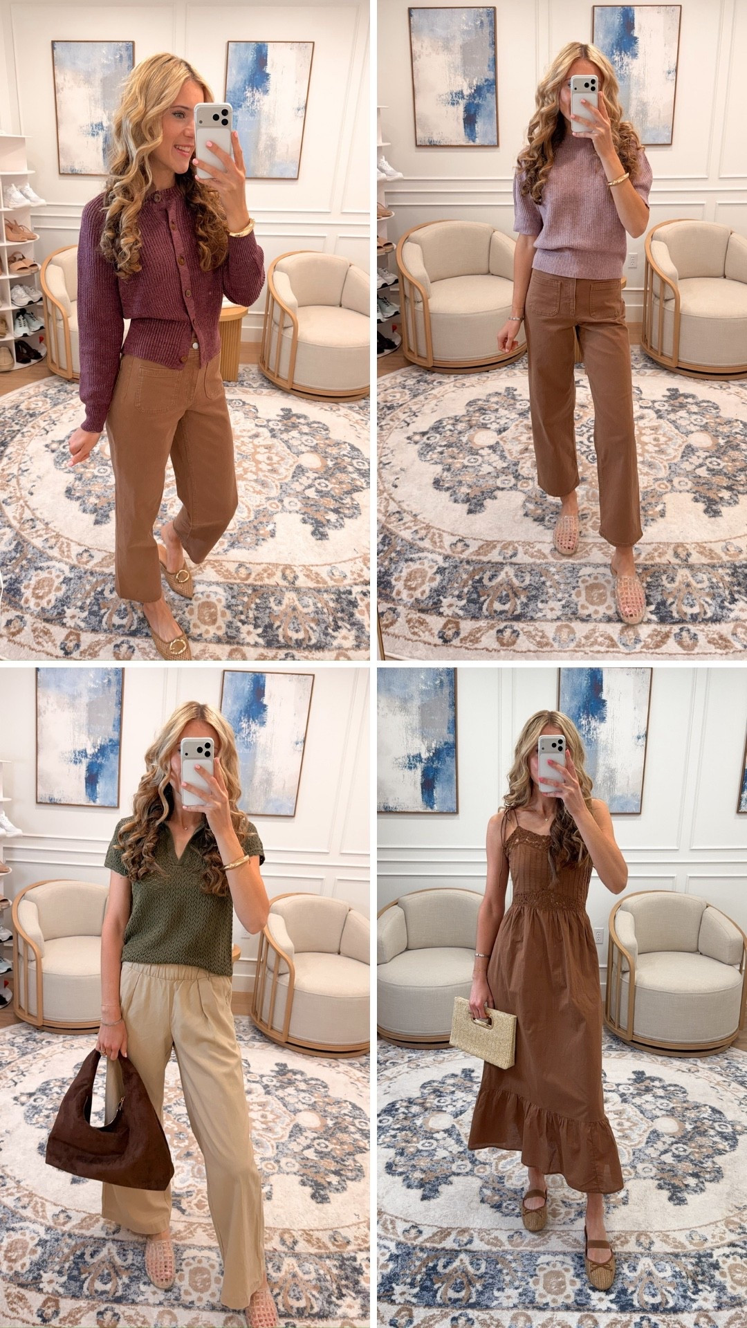@Target so many good neutral pieces from Amazon lately — this maroon button cardigan and lavender knit top both paired with brown wide-leg pants for an easy fall transition, this olive crochet-look polo styled with tan trousers, and this brown smocked maxi dress that feels so effortless for warmer days still lingering

true to size, 5'9" for reference

#LTKootd #LTKSeasonal #LTKWorkwear