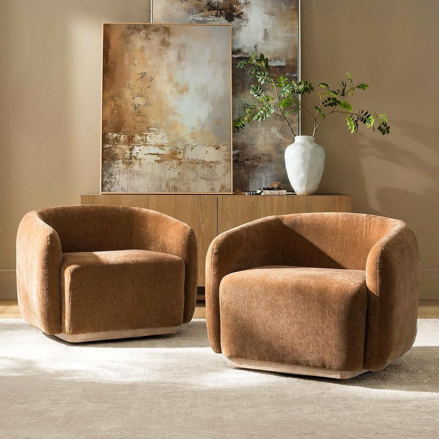 HULALA HOME Chenille Swivel Accent Chairs Set of 2 with Wood Base, Caramel | Amazon (US)