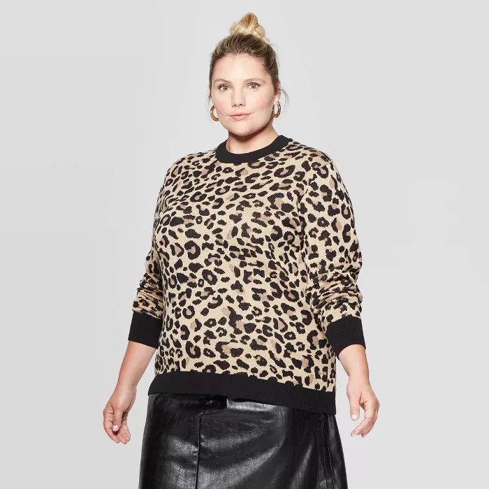 Women's Plus Size Animal Print Long Sleeve Crewneck Pullover Sweater - Ava & Viv™ | Target