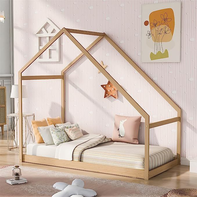 Montessori Bed for Toddlers, Twin House Beds for Kids, Wood Floor Bed Frame Bedroom Furniture for... | Amazon (US)