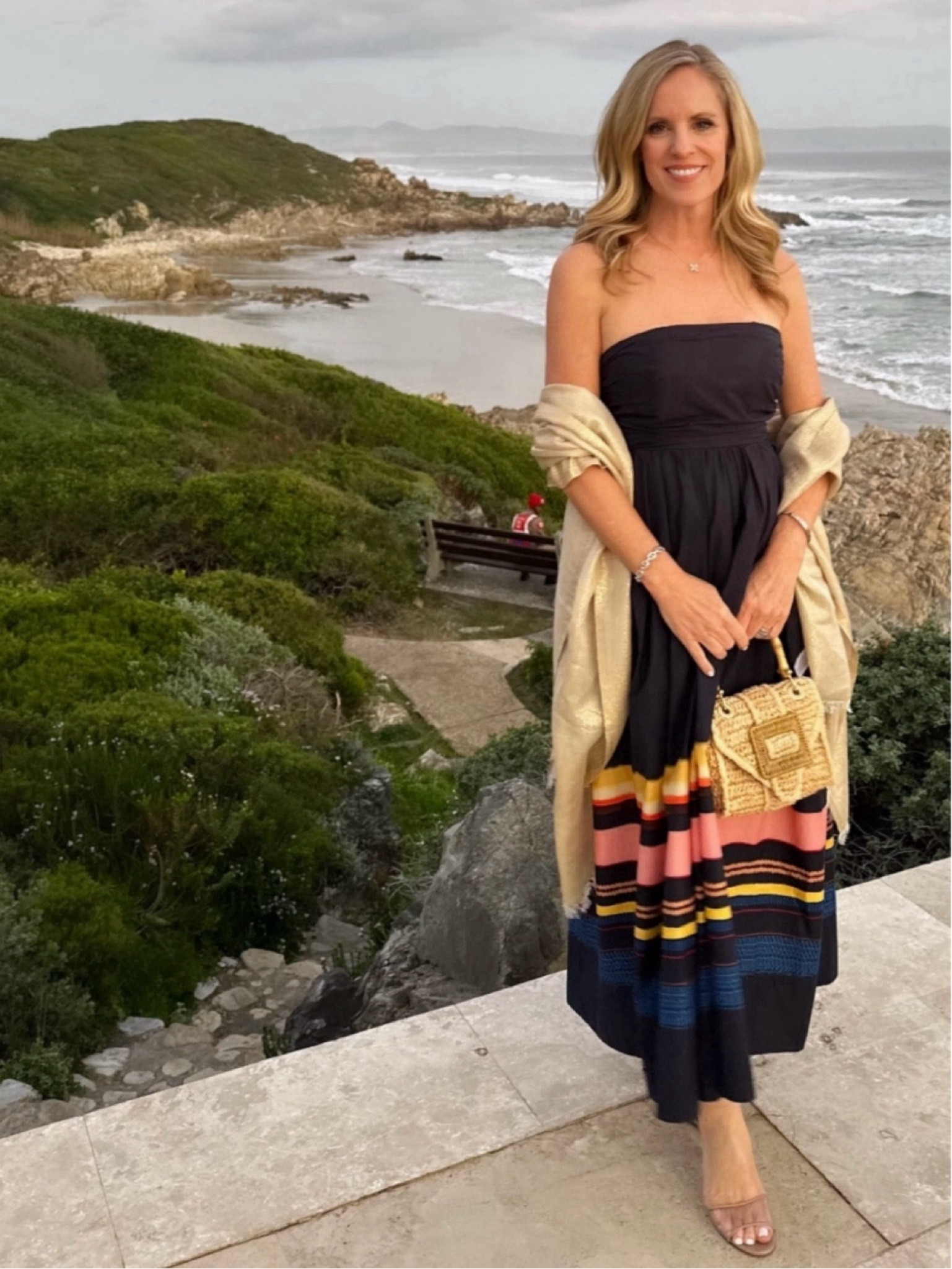 Navy strapless dress with sunset stripes on the coast in Hermanus

A.L.C. Strapless navy dress

Fits TTS 

Gold scarf as a wrap 

Pamela Munson Mini Avis Raffia handbag 


#LTKStyleTip #LTKSeasonal #LTKOver40