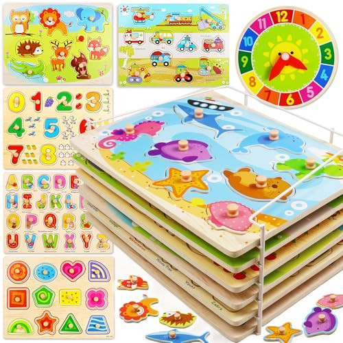 Puzzles for Kids Age 2-4 with Rack and Wooden Clock, 6 Pack Wooden Peg Puzzles for Toddlers with Storage Holder Rack, Educational Toys - Alphabet Number Animal Vehicle Shape | Amazon (US)