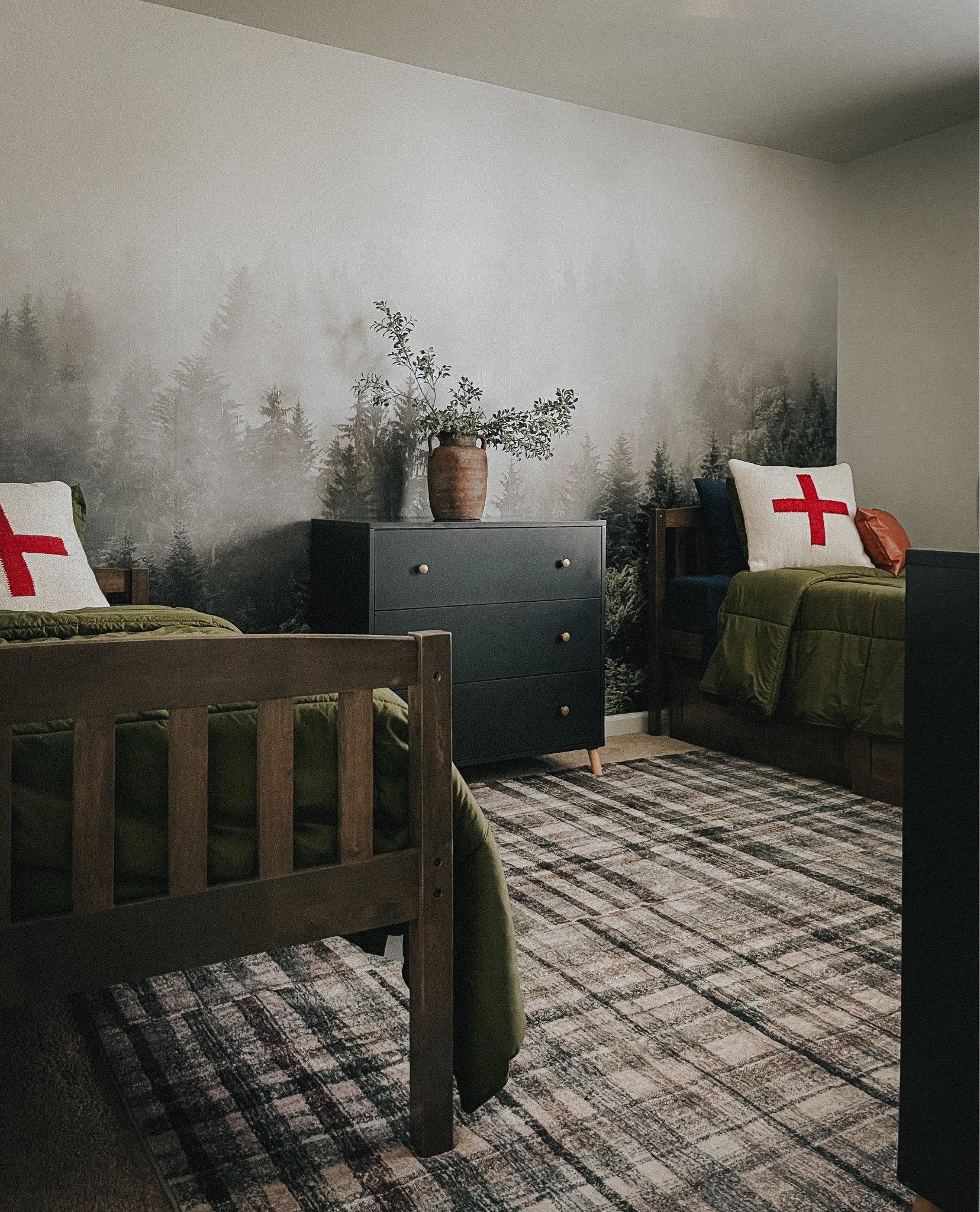 Boys bedroom. Forest wallpaper. Rustic room. Bunk bed. Swiss cross. Bedroom. Bunk room. Moody  

#LTKfamily #LTKkids #LTKhome