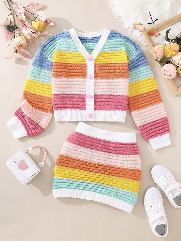 Teen Girls' Color Block Cardigan And Knitted Skirt Set | SHEIN