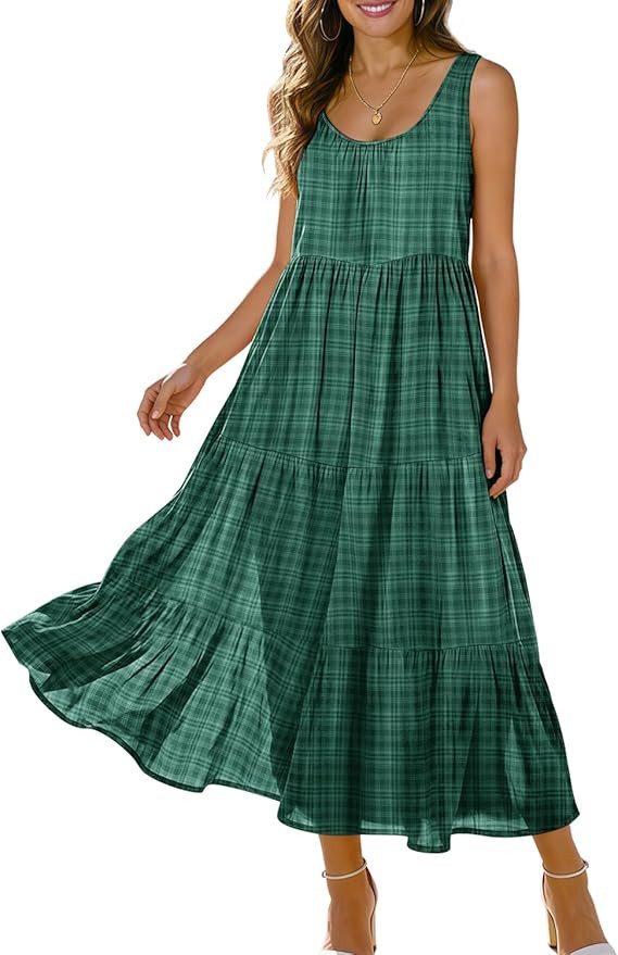 YESNO Women's Summer Cotton Dress Flowy Boho Floral Print Midi Sundress Casual Beach Dress with P... | Amazon (US)